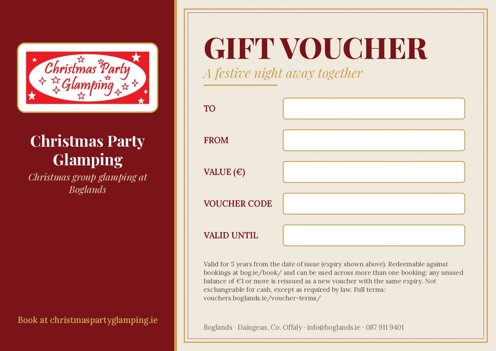 Christmas Party Glamping gift voucher from Boglands